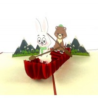 Handmade 3D Popup Card Rabbit Bear River Punting Boat Mountain Outdoor Animal Partner Birthday Wedding Anniversary Valentine's Day Holiday Vacation Retirement